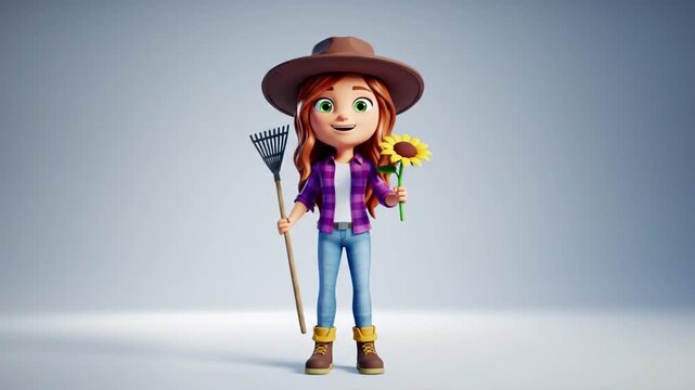 Animated female gardener holding rake and sunflower on gradient background