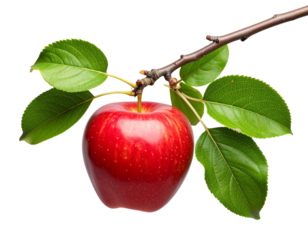 Single Ripe Apple Hanging from Branch with Leaves, Minimal Composition, Isolated