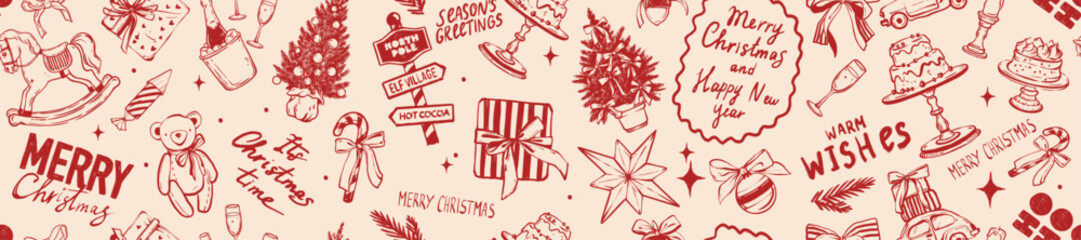 Christmas seamless pattern, New Year hand drawn doodle banner, winter holiday decor texture print. Celebration traditional gift wrapping paper, festive warm wishes red background. Christmas pattern