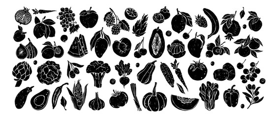 Vegetables fruit hand drawn icon set, vector organic vegetarian food fresh healthy diet illustration. Farm market veggies silhouette print, summer berries, autumn harvest pumpkin. Vegetables fruit art
