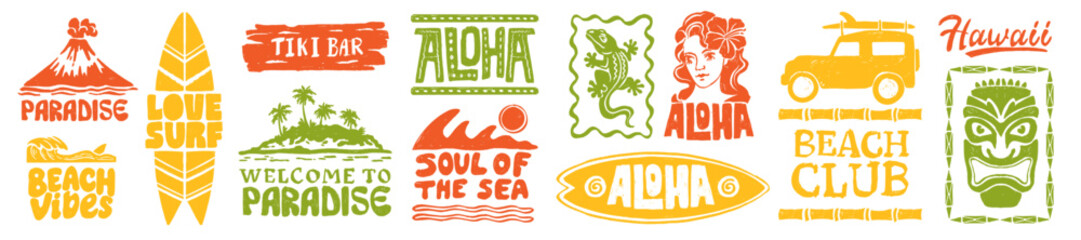Fototapeta na wymiar Aloha Hawaii logo set, vector hand drawn summer badge, tropical ocean beach print design, surfboard. Exotic coastal vacation sticker, paradise island calligraphy design elements. Aloha Hawaii icon