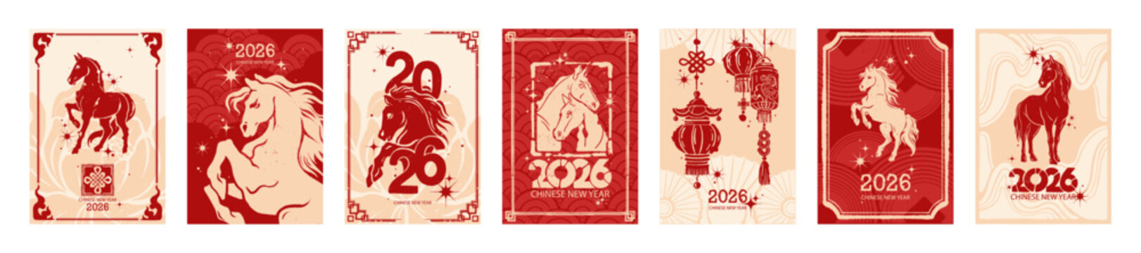 Chinese New Year 2026 postcard set, vector hand drawn oriental poster zodiac horse symbol silhouette. Holiday traditional asian banner, celebration event invitation decor. Chinese greeting postcard