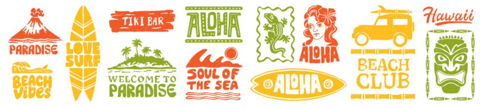 Aloha Hawaii logo set, vector hand drawn summer badge, tropical ocean beach print design, surfboard. Exotic coastal vacation sticker, paradise island calligraphy design elements. Aloha Hawaii icon