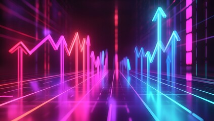 Fototapeta premium 3D rendering of glowing neon arrows pointing upwards on a digital background with an arrow graph and upward trend lines, representing a business growth and success concept