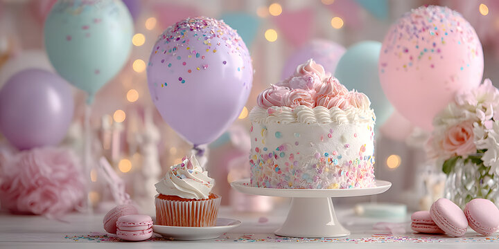 birthday party balloons with confetti and cake on liht - Powered by Adobe