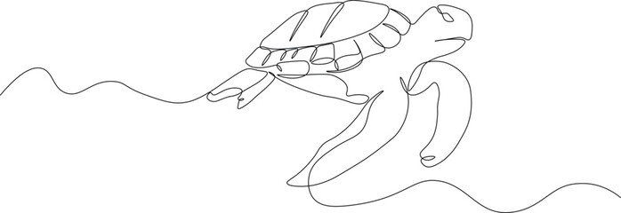 Marine Animal Illustration. Turtle in Ocean Waves One Line Sketch