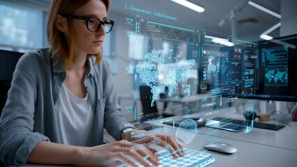 A person interacting with a futuristic holographic keyboard. - Powered by Adobe