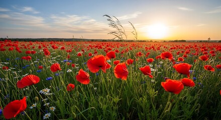 Sunset Poppy Field Landscape.