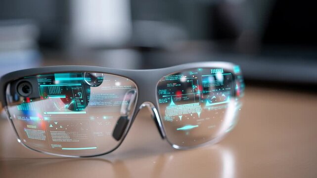 Futuristic augmented reality glasses displaying digital information.