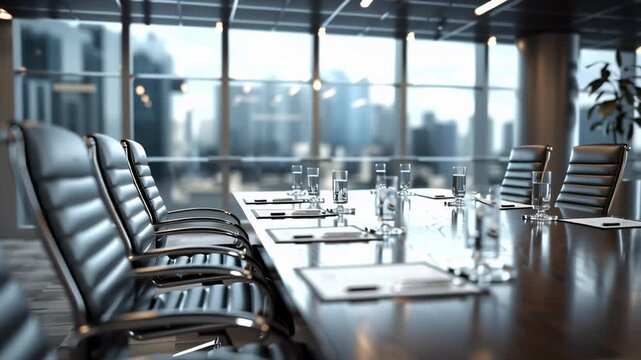 A modern conference table with sleek black chairs and utensils.