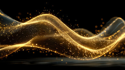 Abstract modern luxury golden wave lines gold partices with lighting effect onblack background