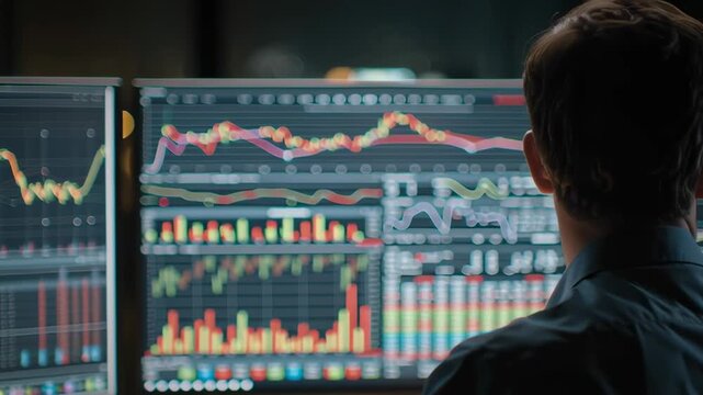 A person analyzing data on multiple computer screens in a modern office.