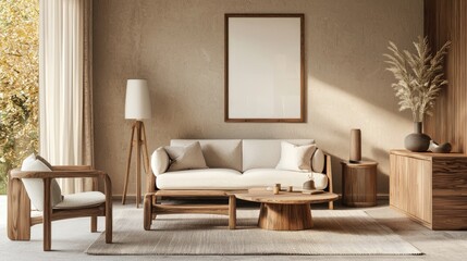 Modern living room with wooden furniture, neutral tones, cozy sofa, armchair, and decorative elements in minimalist interior design, ideal for home decor and lifestyle concepts