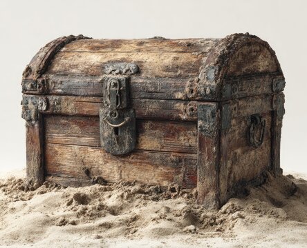 Aged wooden chest on sand