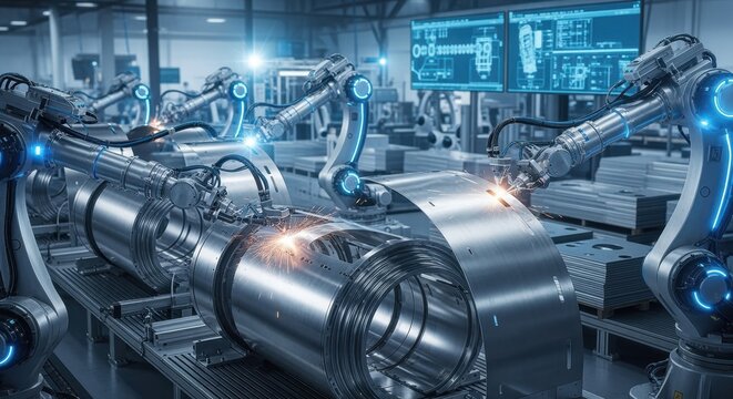 Fabrication area featuring robotic arms shaping metallic enclosures for SQUID magnetometer shield rooms emphasizing automation and technological innovation.