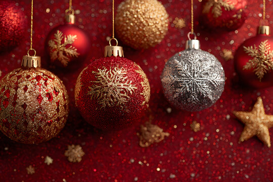 The wallpaper of the Christmas festival in winter seson consists of gold, red,and silver Christmas ball nd star ornament hung on rd background. Generative A.
