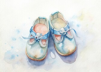 Delicate watercolor illustration of tiny shoes on a crisp white background