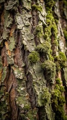 Crinkled tree bark with moss and lichen detailed view