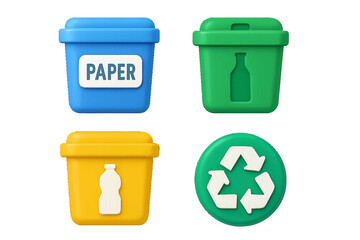 Set of brightly colored waste sorting bins for paper, plastic, and glass alongside a green circular recycling symbol
