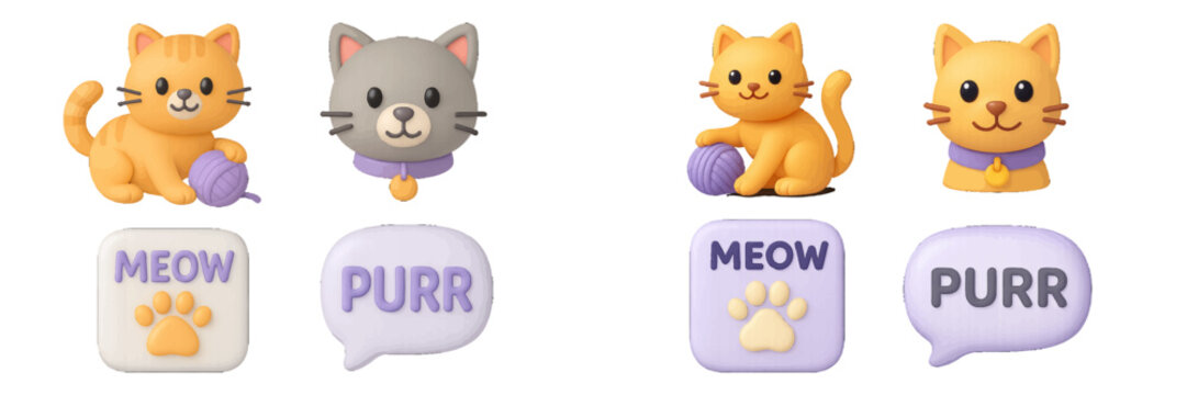 Adorable 3D cat icon collection featuring cute ginger and grey kittens playing with yarn, pet collars, and speech bubbles with meow and purr text