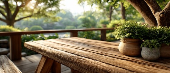 Wooden Table with Plants in Garden Setting.