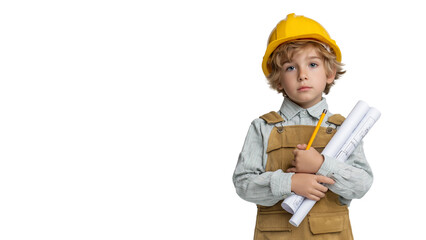 Young boy dressed as architect,holding blueprints and pencil, white background,copy space,banner.