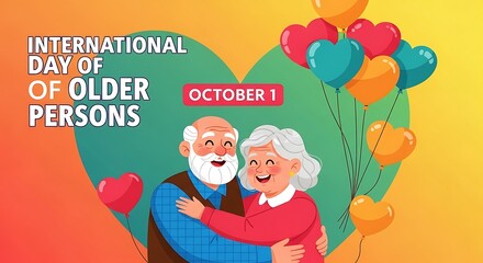 Obraz premium International day of older persons celebrating happy elderly couple with balloons and heart graphic