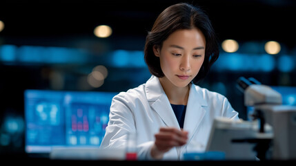 Cancer Biomarker Testing: A scientist analyzing blood samples in a lab with a centrifuge a test tube and a research room with data charts. high quality photo ultra high detail