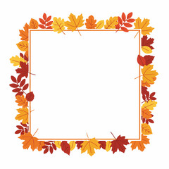 Square frame decorated with colorful autumn leaves in various shades of red, orange, and yellow.