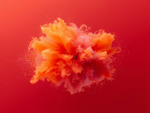 An abstract explosion of red and orange ink or powder with glitter, on a solid red background.