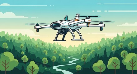 Drone Flying Over Forest River.