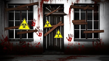 Zombie apocalypse with boarded windows biohazard signs and bloody handprints on the walls