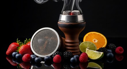 Hookah with fruit, smoke, and dark background.