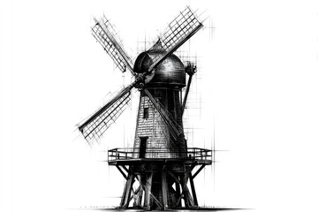 Obraz premium Detailed drawing of a classic windmill.