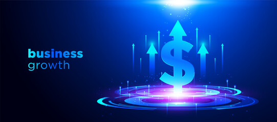 Business growth vector with glowing dollar sign and blue background. Creative finance illustration showing money growth, success, and upward arrows. Vector banner, cover