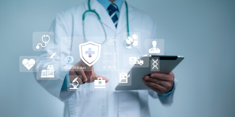Doctor using tablet with futuristic digital healthcare icons including AI, medical shield, stethoscope and hospital symbols for innovation in health protection, diagnosis and treatment
