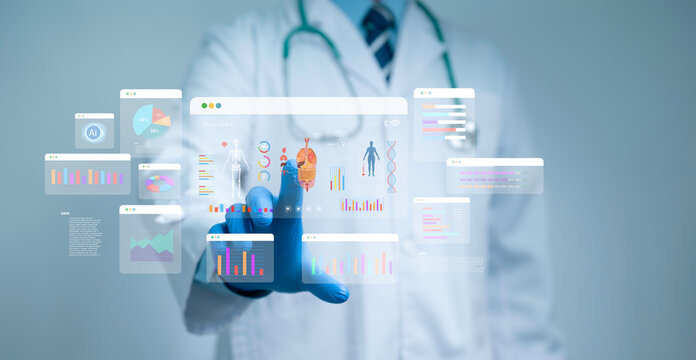 Doctor using futuristic digital interface with medical data, AI analytics and healthcare technology for innovation in diagnosis and treatment solutions in modern medicine
