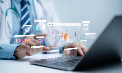 Doctor using AI technology to analyze human body health data with futuristic medical charts and digital interface, representing innovation in healthcare, hospital research and artificial intelligence