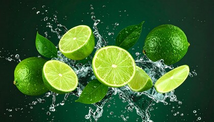 Fresh limes in water splashes