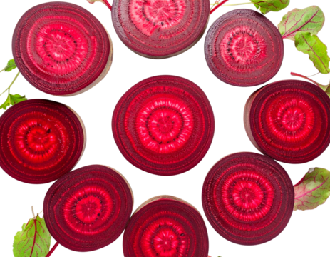 Top-Down View of Sliced Beetroot on White Background, Isolated