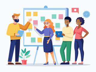 Flat design of diverse coworkers brainstorming creative ideas using sticky