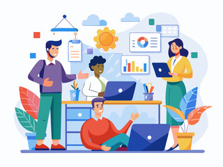 Flat vector concept of project management with coworkers working together in modern office