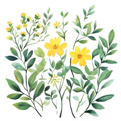 Watercolor painting of green leaves and yellow flowers on a white background, 