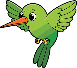 Bright cartoon hummingbird, vector illustration, green bird in flight, orange beak, expressive eyes, cheerful animal, tropical theme, children’s nature design
