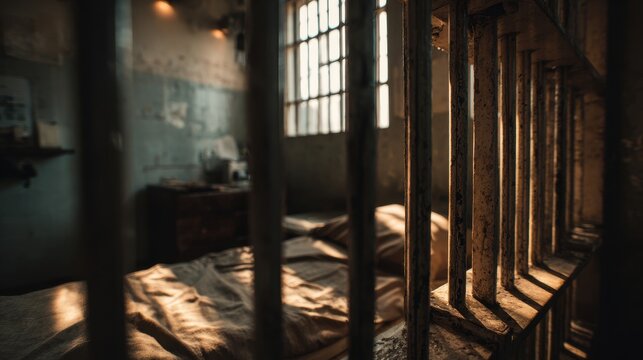 Elegant photo of elegant photo of close-up view of a typical prison cell with bars, walls, and a bed.