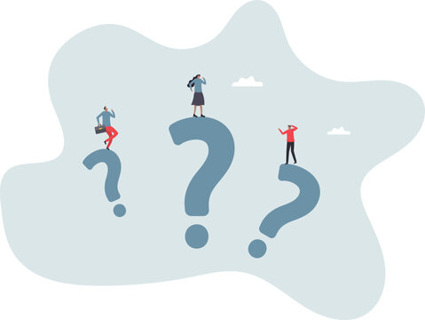 Confused business team finding answer or solution to solve problem, work question or doubt and suspicion in work process.life and employment of people.