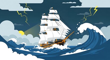 Sailing ship storm ocean waves.