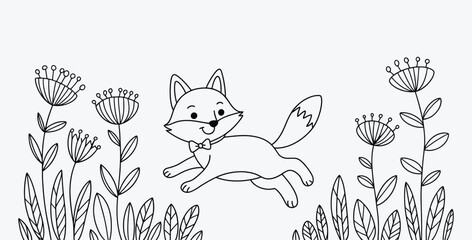 Obraz premium Cute Fox in a Field of Flowers Line Art Illustration