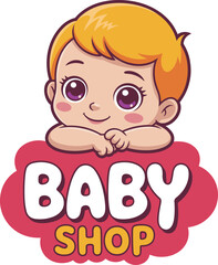 Cartoon baby, baby shop logo, vector illustration, cute character, orange hair, purple eyes, smiling face, playful design, retail branding, kids store