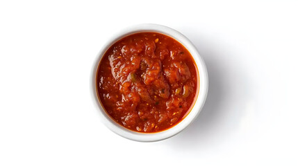 Overhead view of a white bowl filled with chunky red tomato salsa dip